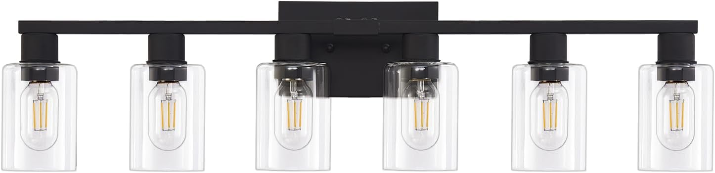 6 Light Bathroom Vanity Light, Matte Black Vanity Light Fixtures, Large Vanity Lights for Bathroom, Farmhouse Light Fixtures with Clear Glass Shade for Bathroom Over Mirror