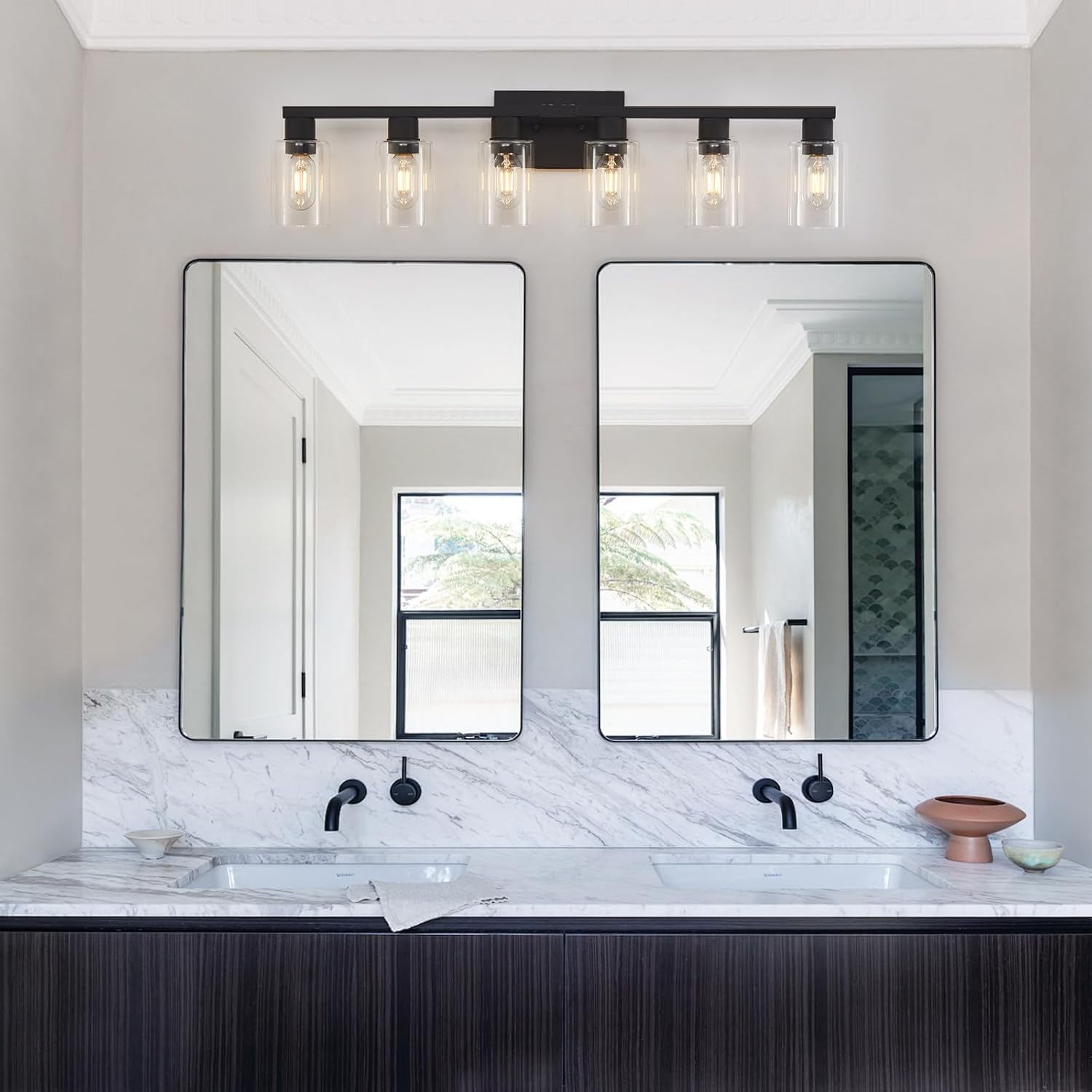 6 Light Bathroom Vanity Light, Matte Black Vanity Light Fixtures, Large Vanity Lights for Bathroom, Farmhouse Light Fixtures with Clear Glass Shade for Bathroom Over Mirror - Image 4