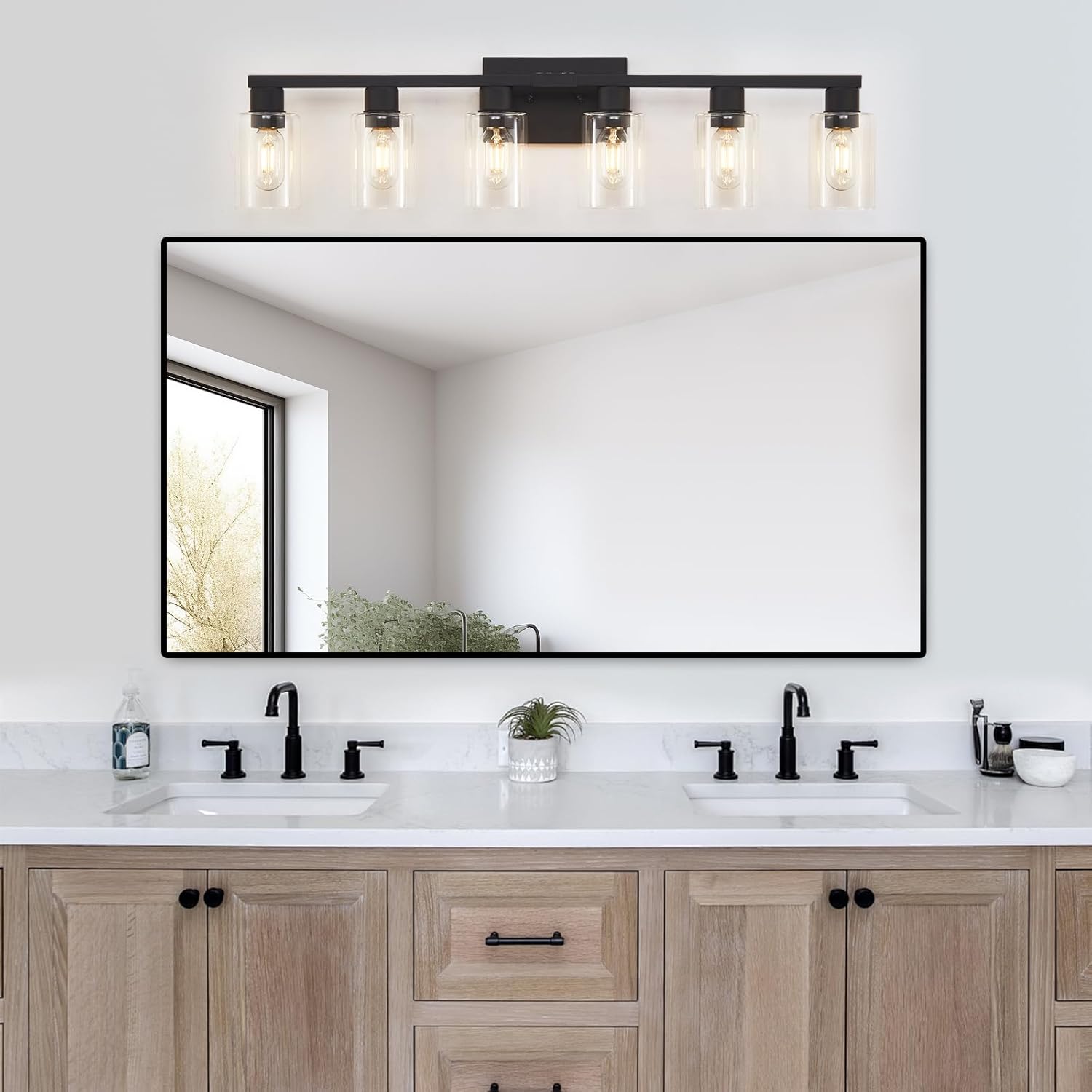 6 Light Bathroom Vanity Light, Matte Black Vanity Light Fixtures, Large Vanity Lights for Bathroom, Farmhouse Light Fixtures with Clear Glass Shade for Bathroom Over Mirror - Image 5