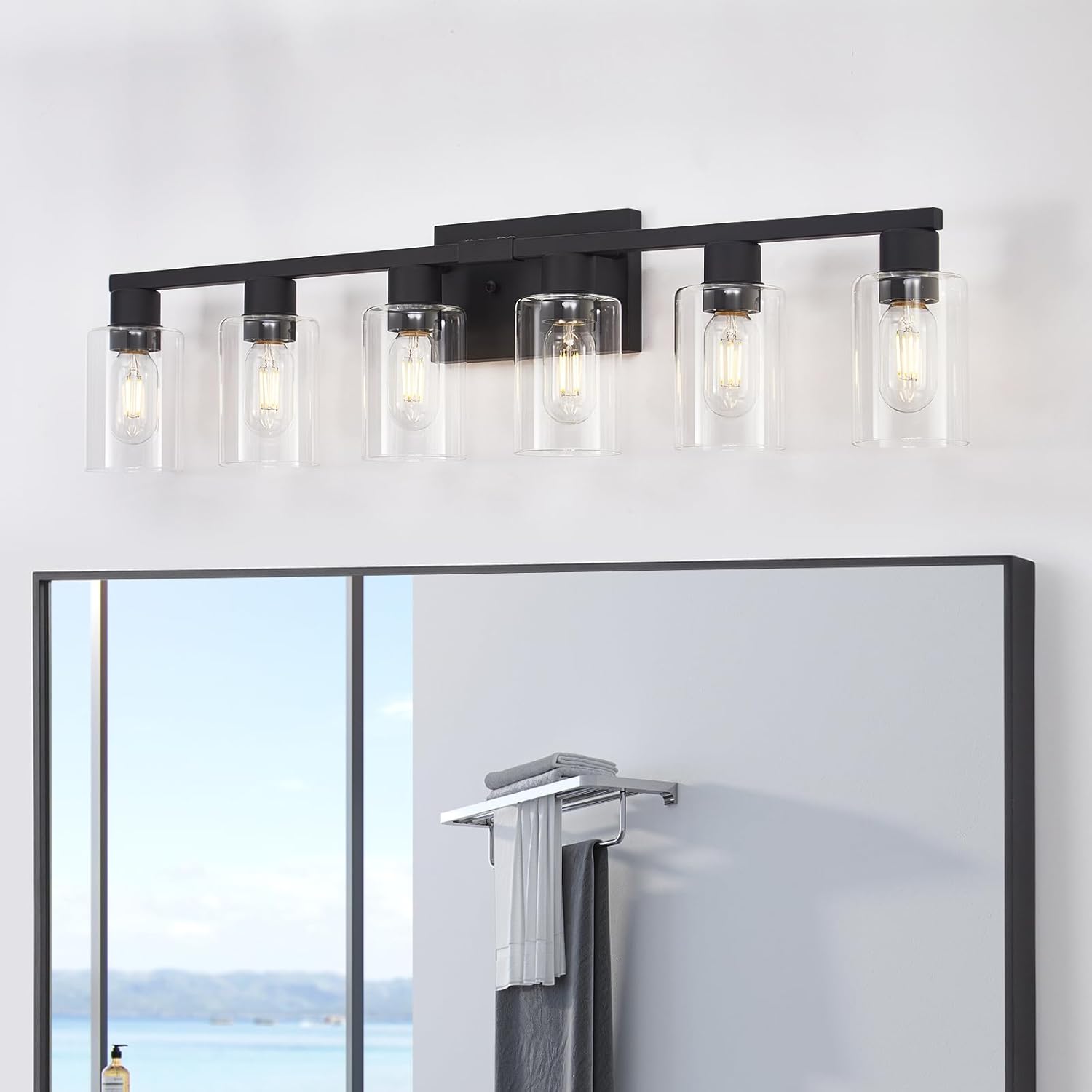 6 Light Bathroom Vanity Light, Matte Black Vanity Light Fixtures, Large Vanity Lights for Bathroom, Farmhouse Light Fixtures with Clear Glass Shade for Bathroom Over Mirror - Image 8