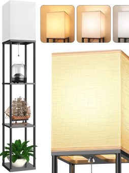 Floor Lamp with Shelves for Living Room, Shelf Floor Lamp with 3 CCT LED Bulb, Corner Display Standing Column Lamp Etagere Organizer Tower Nightstand with White Linen Shade for Bedroom, Office