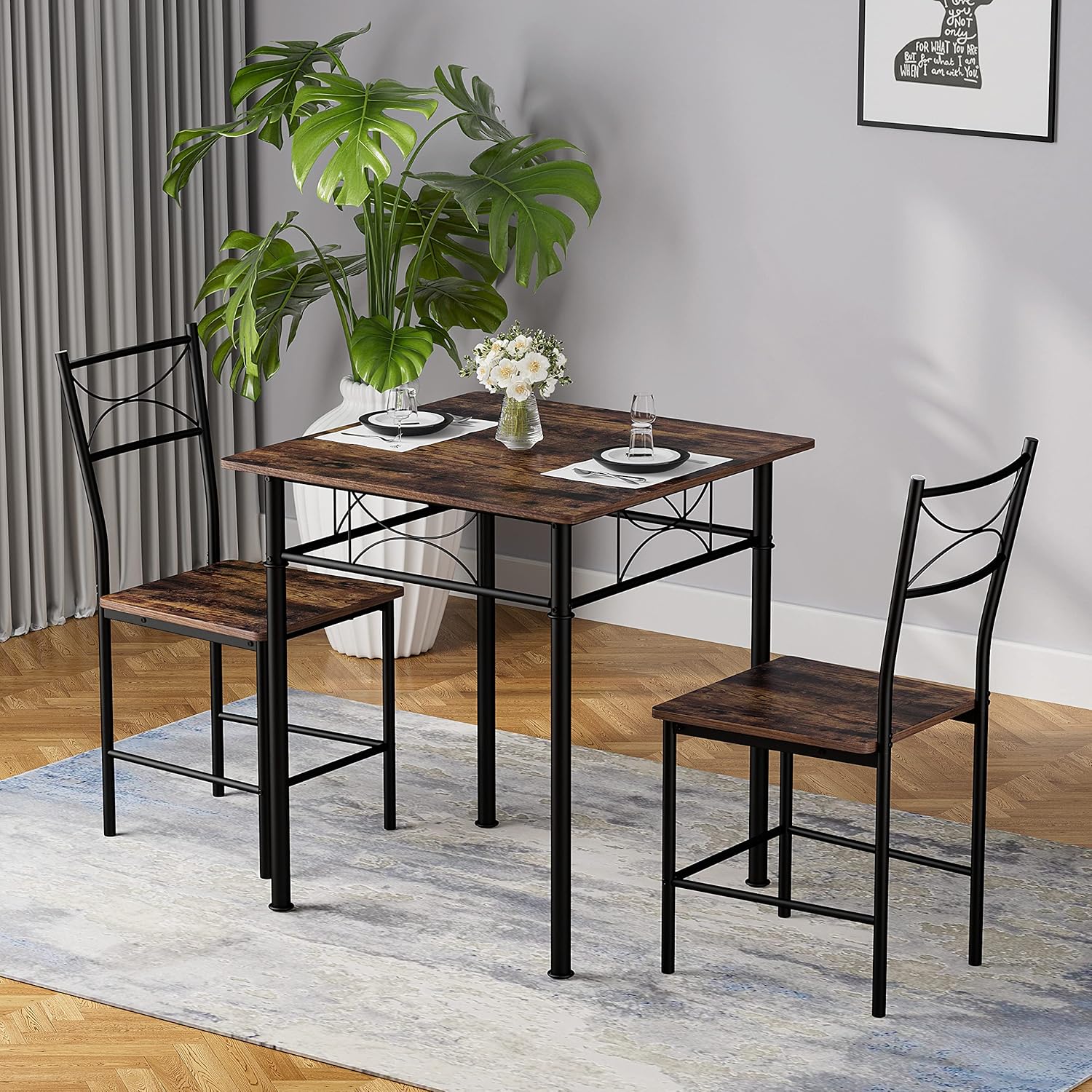 JOIN IRON 3-Piece Kitchen Dining Room Table Set for Small Spaces,Iron Wood Square Table with 2 Chairs for Kitchen Dining Room Furniture - Image 3
