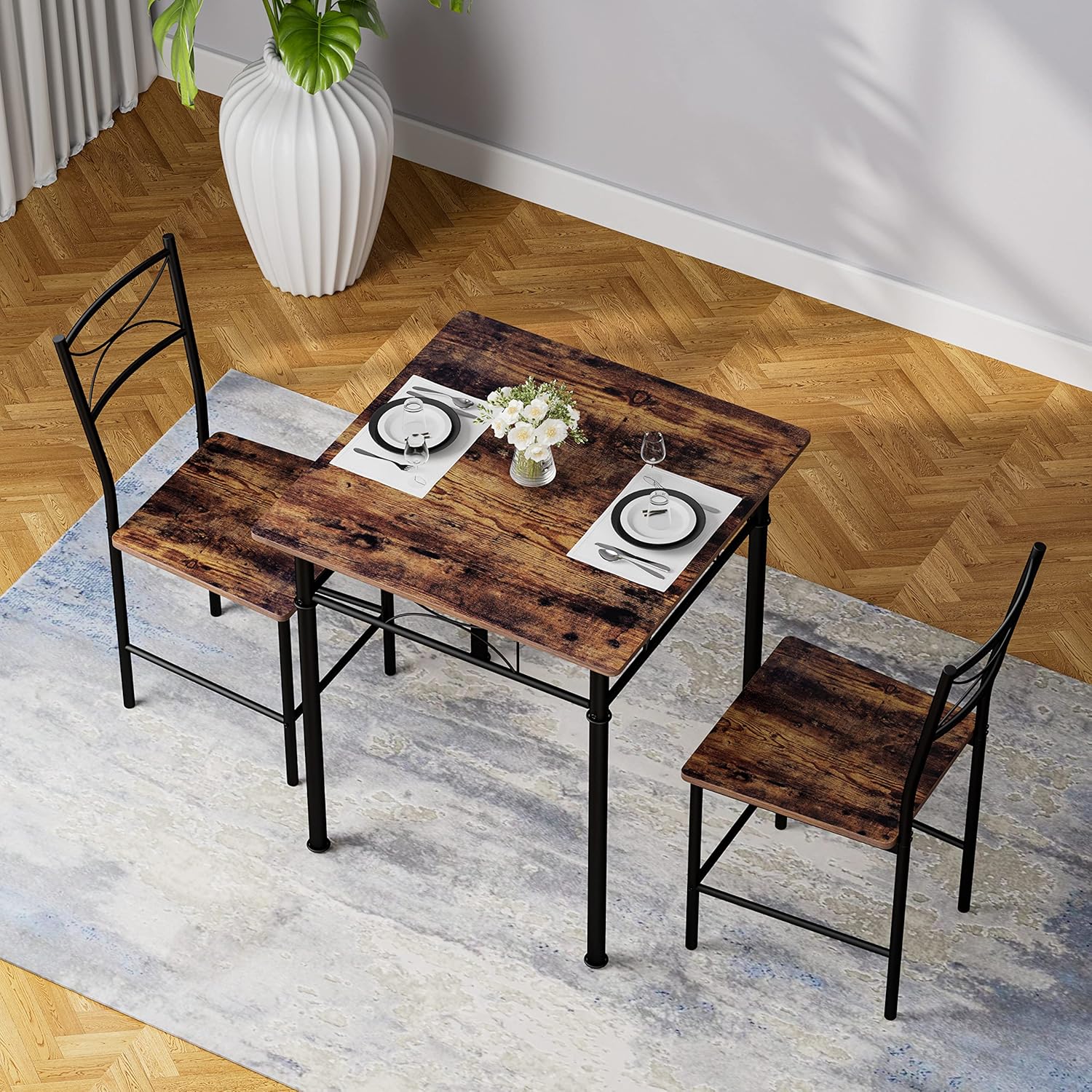 JOIN IRON 3-Piece Kitchen Dining Room Table Set for Small Spaces,Iron Wood Square Table with 2 Chairs for Kitchen Dining Room Furniture - Image 4