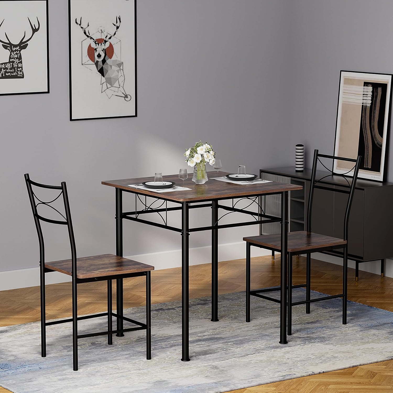 JOIN IRON 3-Piece Kitchen Dining Room Table Set for Small Spaces,Iron Wood Square Table with 2 Chairs for Kitchen Dining Room Furniture - Image 5