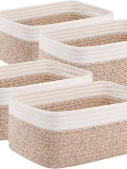 OIAHOMY 4 Pack Storage Baskets for Organizing, Small Bins for Shelves, Cute Decorative Storage Bins, Organizer Baskets for Gifts Empty, 11.8''Lx7.8''Wx4.7''H, Brown/White