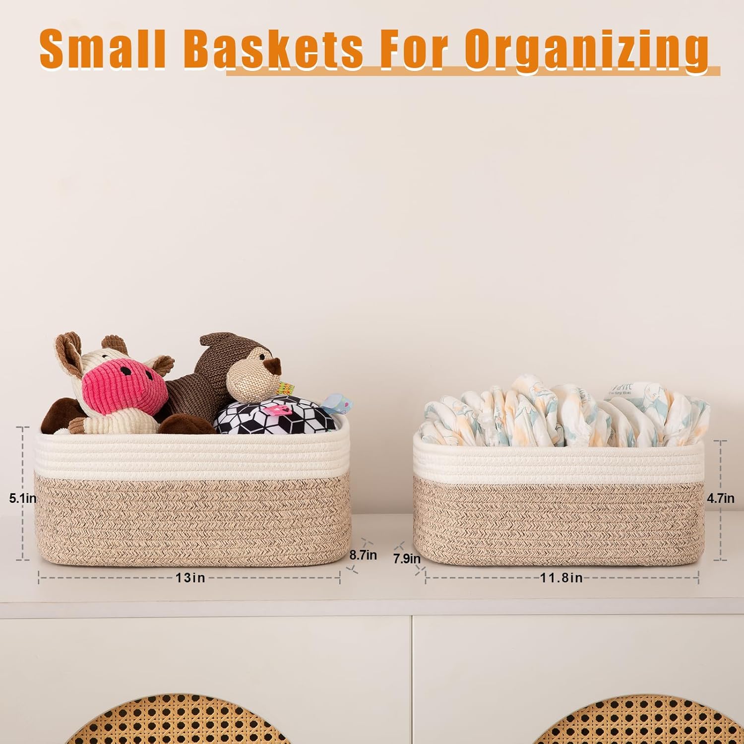 OIAHOMY 4 Pack Storage Baskets for Organizing, Small Bins for Shelves, Cute Decorative Storage Bins, Organizer Baskets for Gifts Empty, 11.8''Lx7.8''Wx4.7''H, Brown/White - Image 2