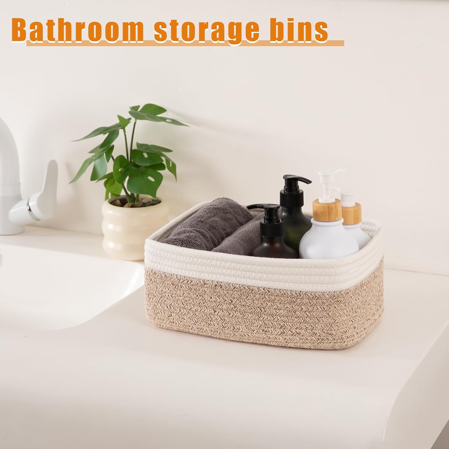 OIAHOMY 4 Pack Storage Baskets for Organizing, Small Bins for Shelves, Cute Decorative Storage Bins, Organizer Baskets for Gifts Empty, 11.8''Lx7.8''Wx4.7''H, Brown/White - Image 3