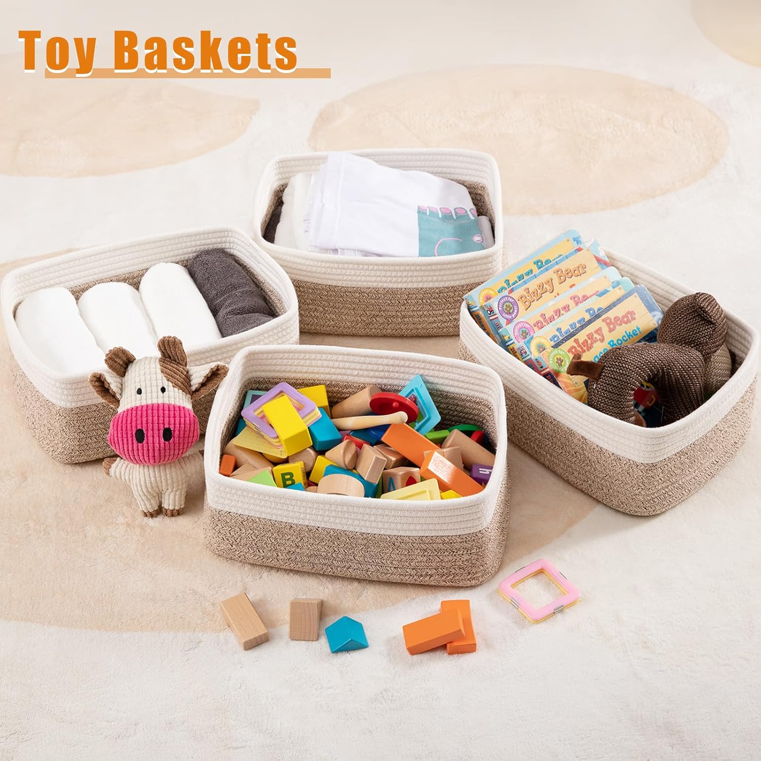 OIAHOMY 4 Pack Storage Baskets for Organizing, Small Bins for Shelves, Cute Decorative Storage Bins, Organizer Baskets for Gifts Empty, 11.8''Lx7.8''Wx4.7''H, Brown/White - Image 4