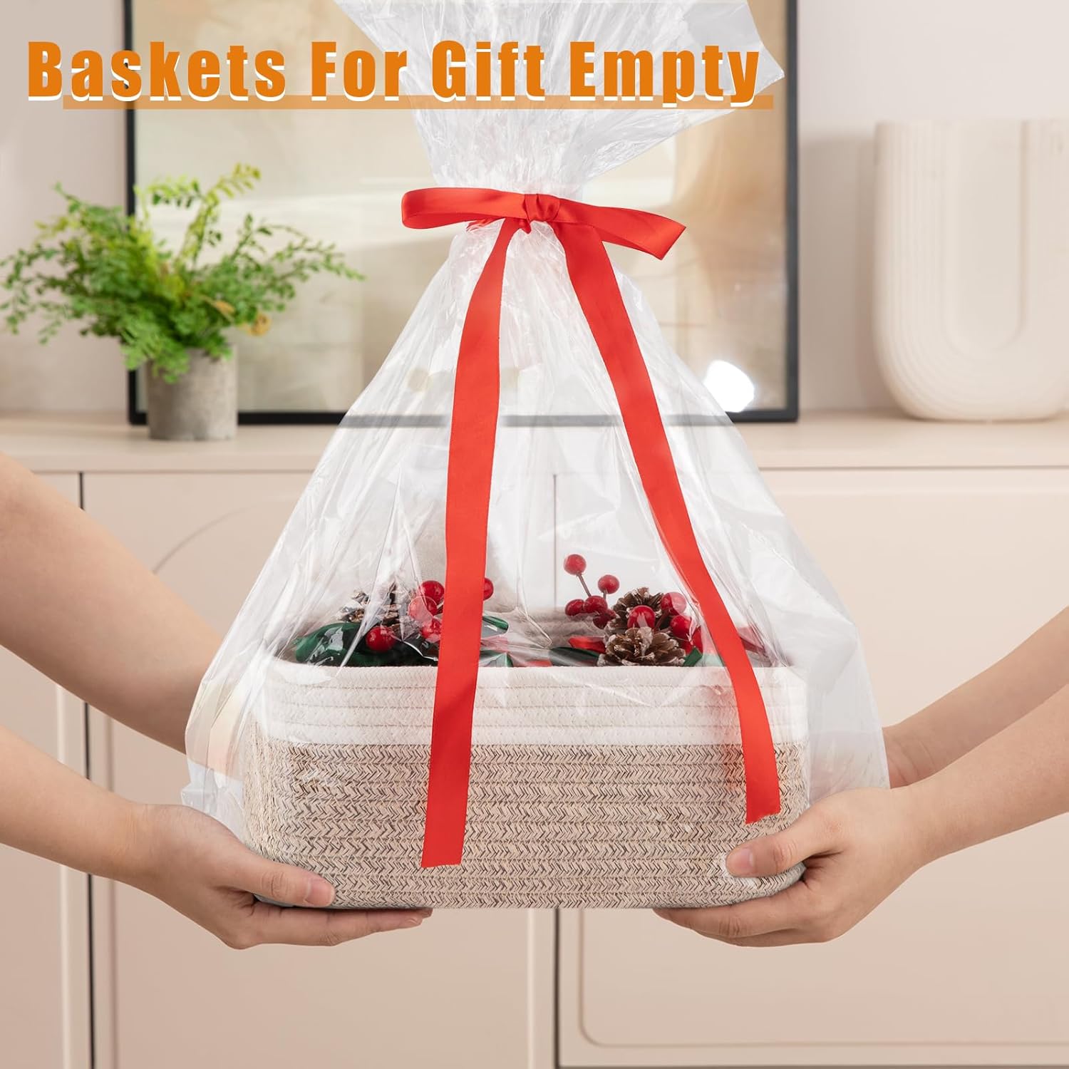 OIAHOMY 4 Pack Storage Baskets for Organizing, Small Bins for Shelves, Cute Decorative Storage Bins, Organizer Baskets for Gifts Empty, 11.8''Lx7.8''Wx4.7''H, Brown/White - Image 5