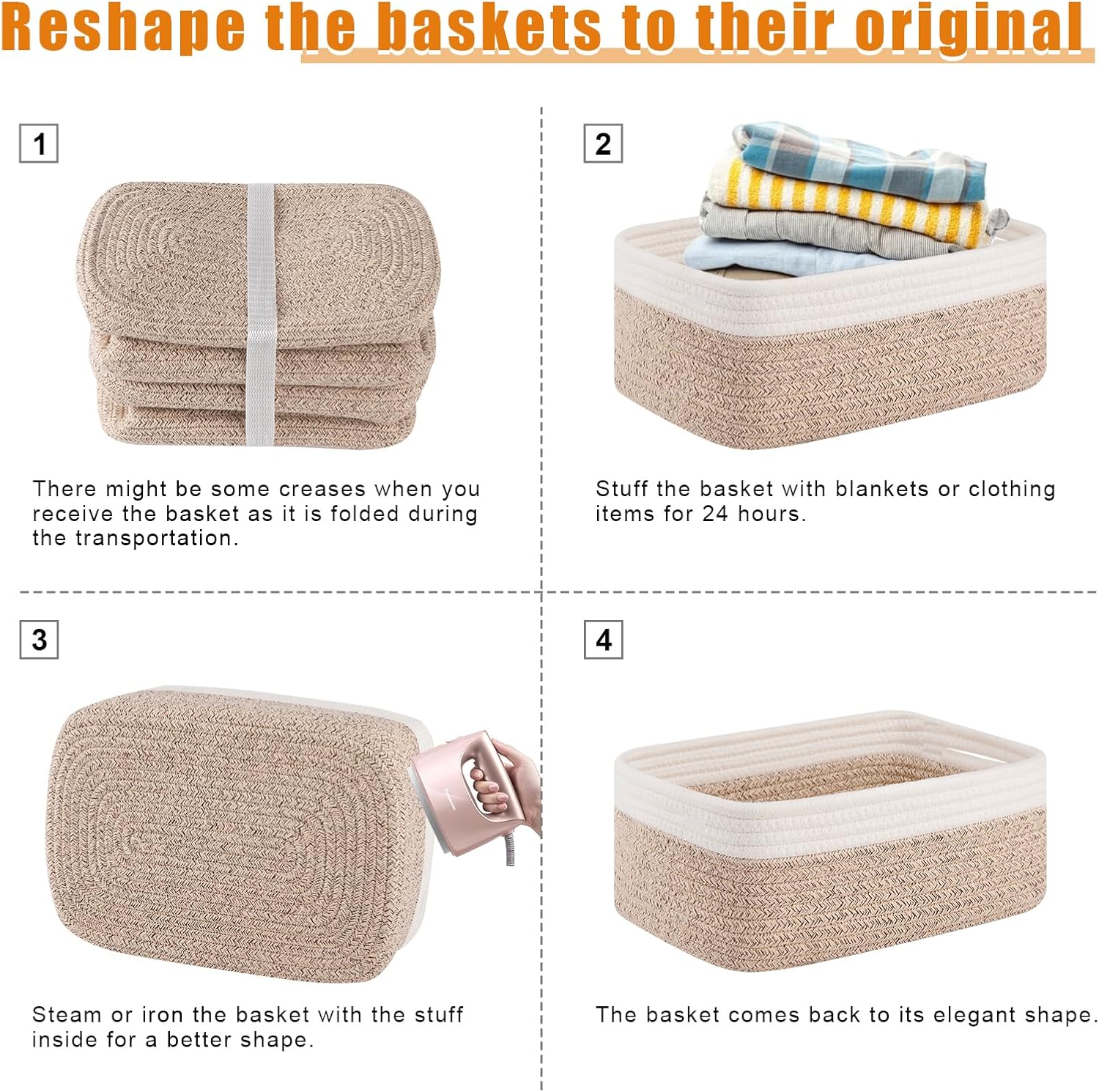 OIAHOMY 4 Pack Storage Baskets for Organizing, Small Bins for Shelves, Cute Decorative Storage Bins, Organizer Baskets for Gifts Empty, 11.8''Lx7.8''Wx4.7''H, Brown/White - Image 7