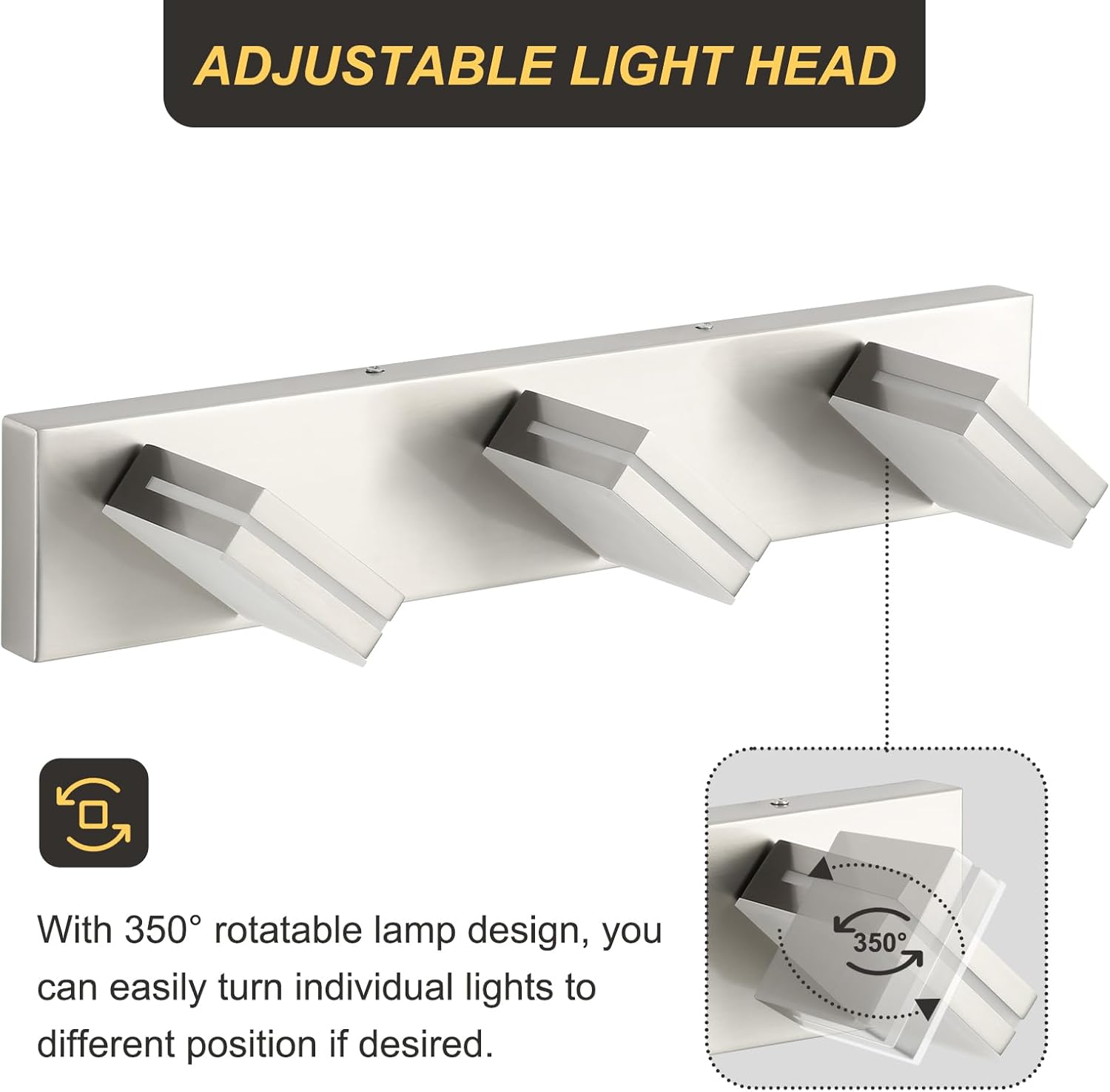 OKELI 3 Light Bathroom Vanity Light Brushed Nickel Modern 24W LED Dimmable Vanity Light Over Mirror 350° Adjustable Lamp Head Cold White 6000K ETL Listed 22Inch - Image 2