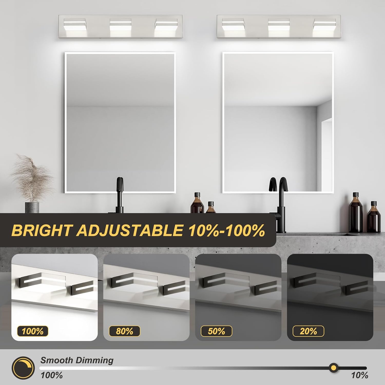 OKELI 3 Light Bathroom Vanity Light Brushed Nickel Modern 24W LED Dimmable Vanity Light Over Mirror 350° Adjustable Lamp Head Cold White 6000K ETL Listed 22Inch - Image 3