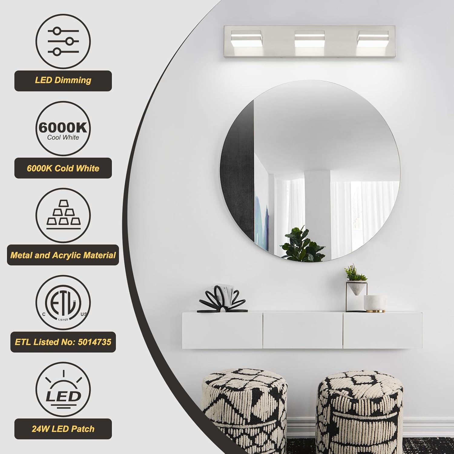 OKELI 3 Light Bathroom Vanity Light Brushed Nickel Modern 24W LED Dimmable Vanity Light Over Mirror 350° Adjustable Lamp Head Cold White 6000K ETL Listed 22Inch - Image 4
