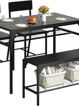 Shintenchi Kitchen Table Chairs Set of 4, Dining Table Set for 4 with Bench and Chairs, 4 Pieces Kitchen Table Set with Storage Rack & Metal Frame for Small Space, Black