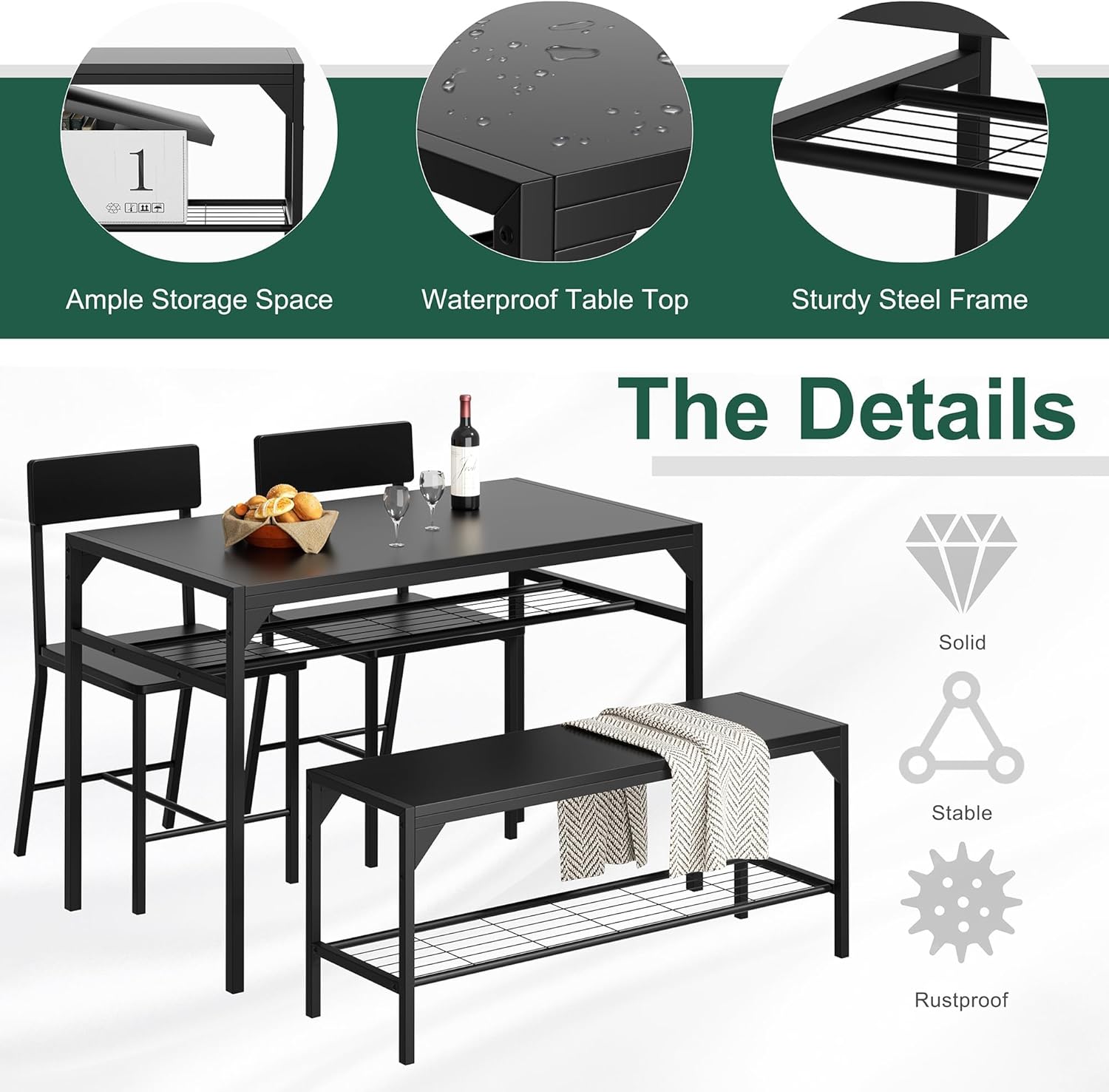 Shintenchi Kitchen Table Chairs Set of 4, Dining Table Set for 4 with Bench and Chairs, 4 Pieces Kitchen Table Set with Storage Rack & Metal Frame for Small Space, Black - Image 3