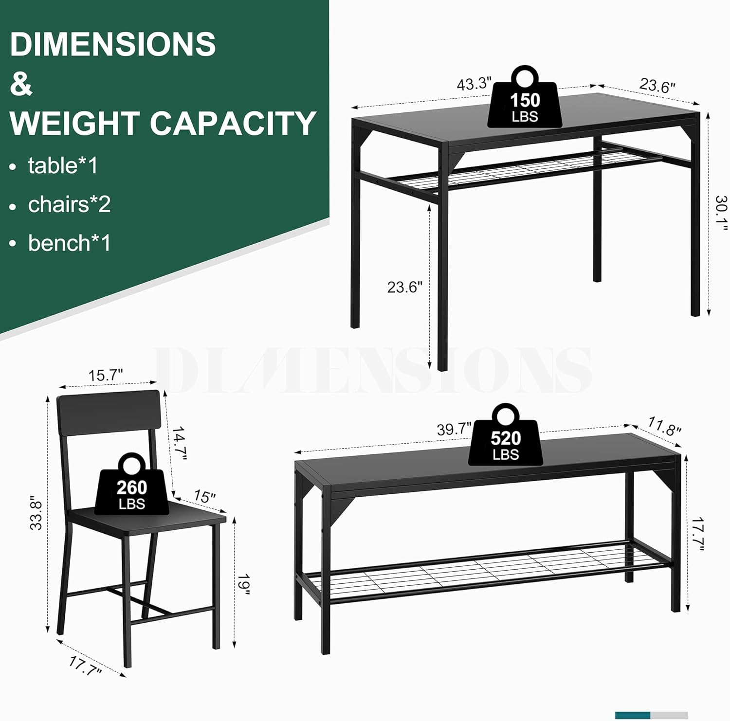 Shintenchi Kitchen Table Chairs Set of 4, Dining Table Set for 4 with Bench and Chairs, 4 Pieces Kitchen Table Set with Storage Rack & Metal Frame for Small Space, Black - Image 4