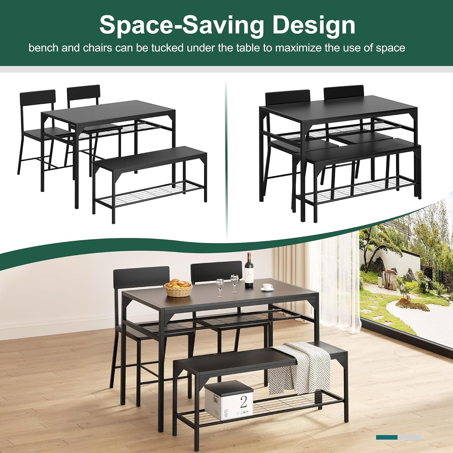 Shintenchi Kitchen Table Chairs Set of 4, Dining Table Set for 4 with Bench and Chairs, 4 Pieces Kitchen Table Set with Storage Rack & Metal Frame for Small Space, Black - Image 5