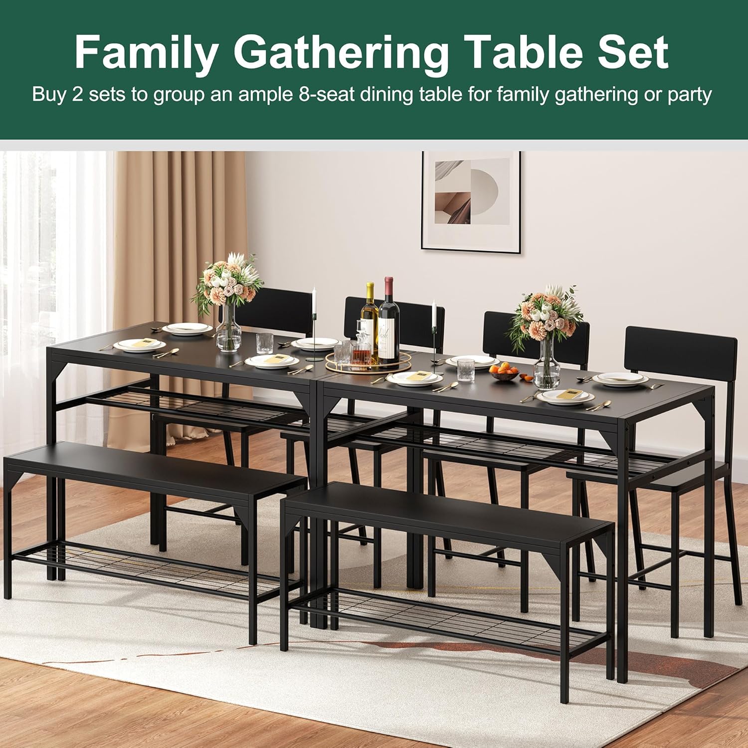 Shintenchi Kitchen Table Chairs Set of 4, Dining Table Set for 4 with Bench and Chairs, 4 Pieces Kitchen Table Set with Storage Rack & Metal Frame for Small Space, Black - Image 6